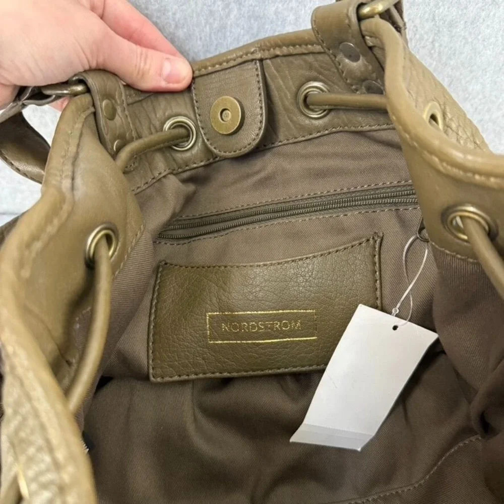 Nordstrom Olive‎ Green Leather Bucket Bag Adjustable Strap Drawstring Close NWT